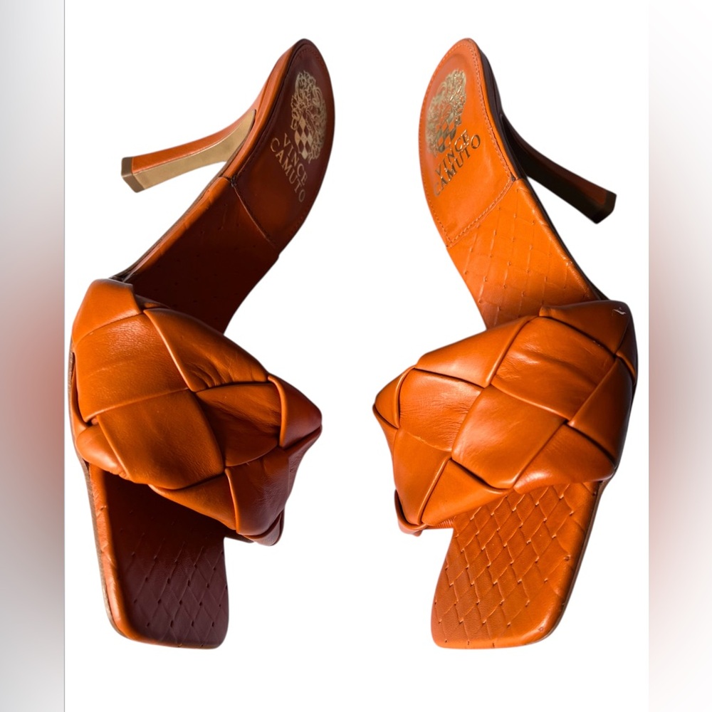 Vince Camuto Brelanie Orange Leather Woven Strap Dress Mule Heeled Sandal Size 8 - Picture 8 of 13